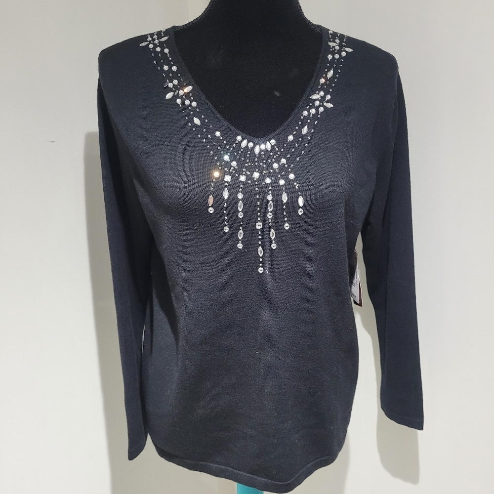 Tradition Womens Beaded Embellished V-Neck Sweater Medium Black Glam Sparkle NEW